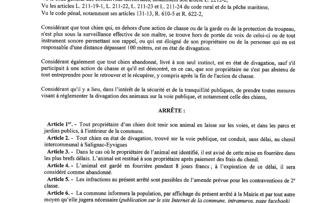 Arrêté interdisant la divagation des chiens